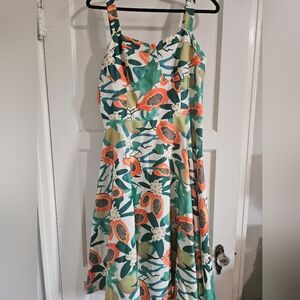 Tropical Floral And Papaya Sundress in Green and Coral